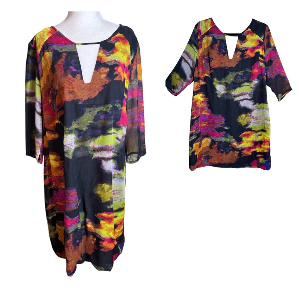 dressT Vibrant Abstract Print Dress Women's Size XL sheer sleeves Spring
